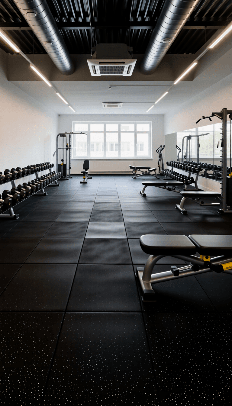 Modernes Fitnessstudio mit Trainingsgeräten und Tageslicht