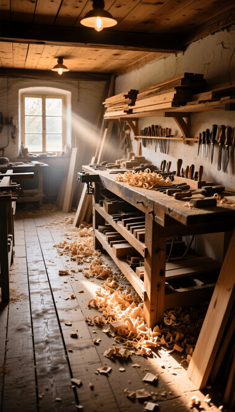 Handwerkerwerkstatt mit Werkzeug, Holz und Fensterlicht