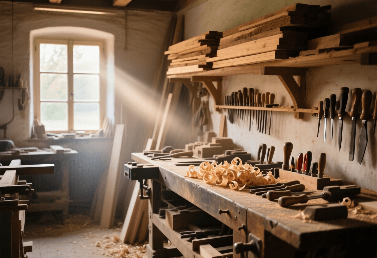 Handwerkerwerkstatt mit Werkzeug, Holz und Fensterlicht