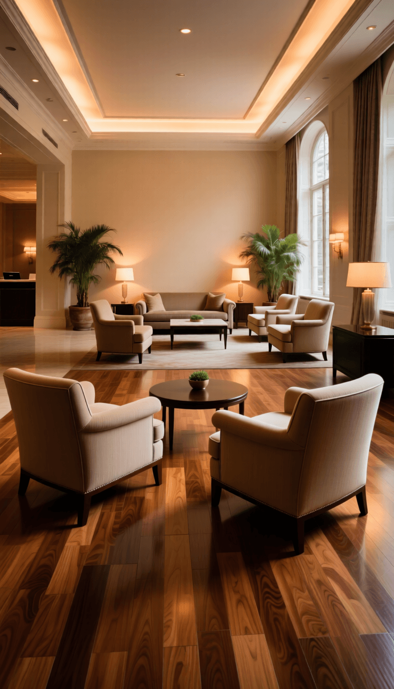 Elegante Hotel-Lobby mit Rezeption und warmem Ambiente