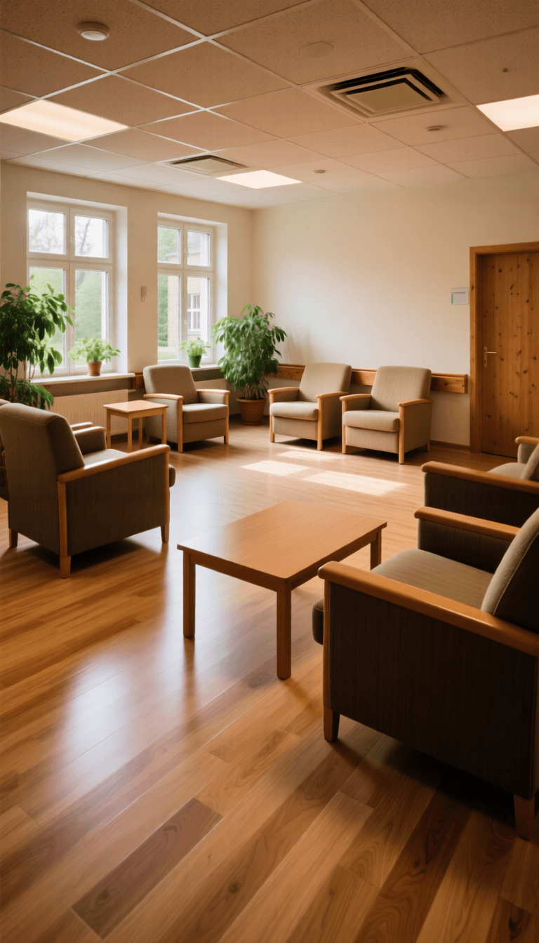 Warmer, würdevoller Aufenthaltsraum einer Pflegeeinrichtung
