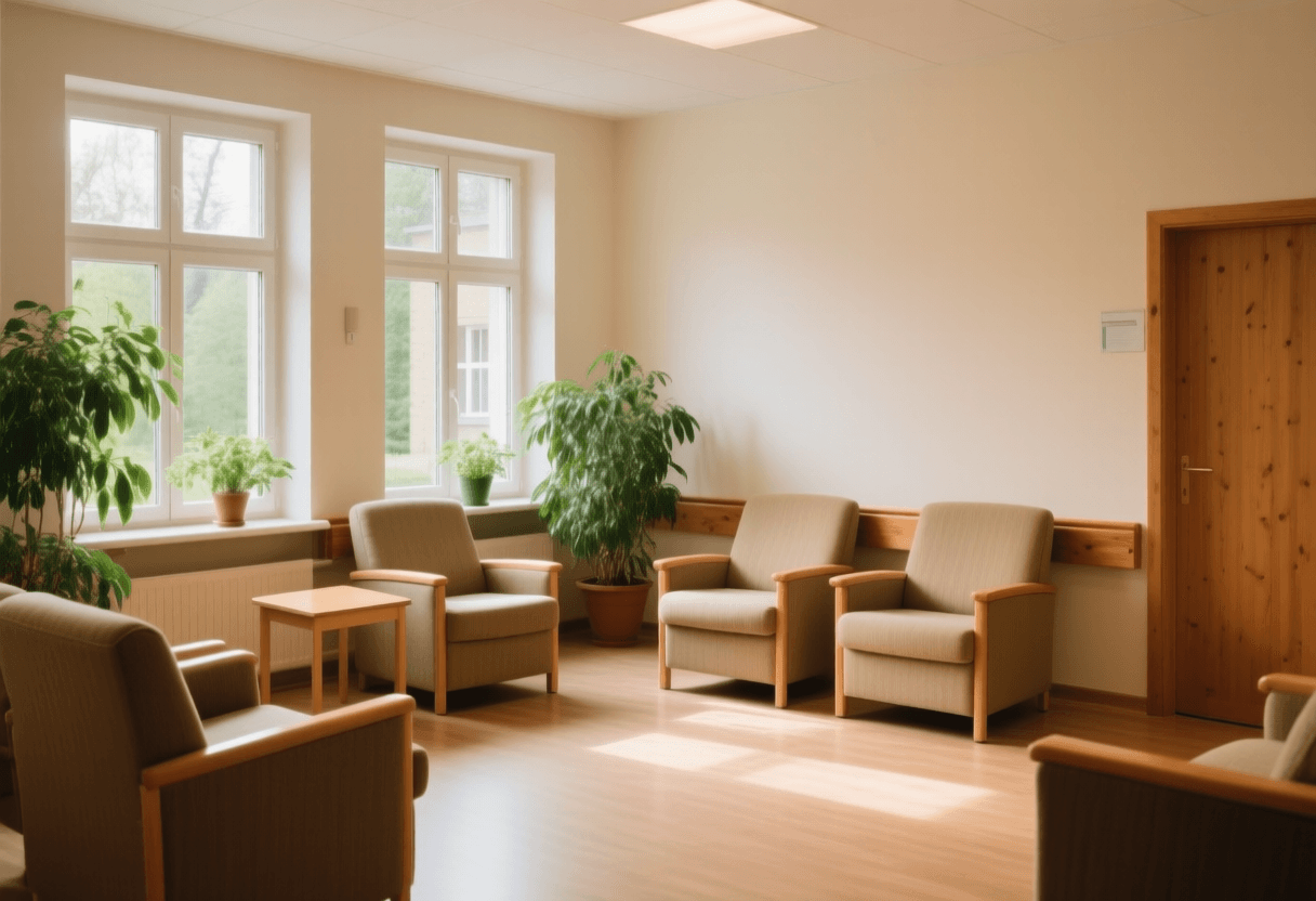 Warmer, würdevoller Aufenthaltsraum einer Pflegeeinrichtung