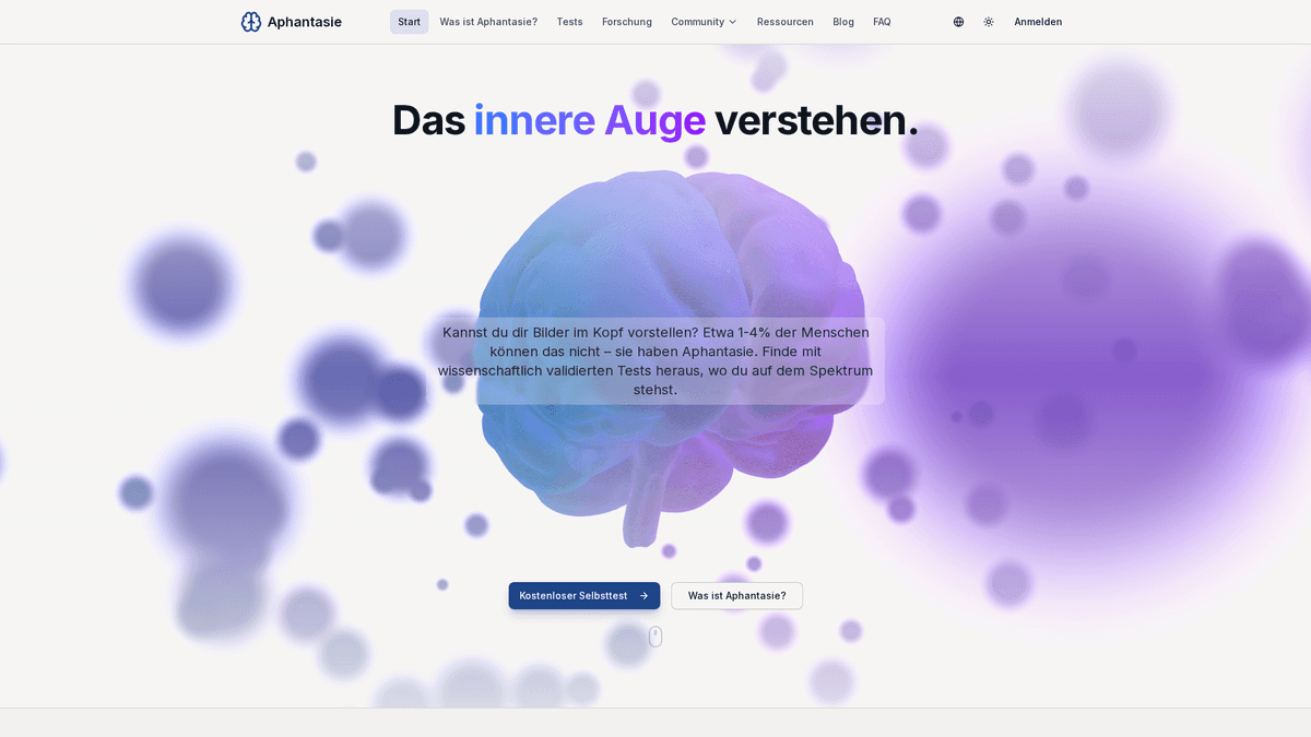 Aphantasie.org Startseite mit interaktivem 3D-Gehirn