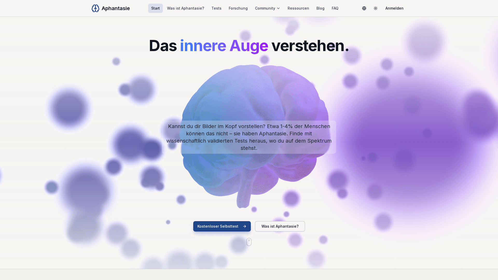 Aphantasie.org Startseite mit interaktivem 3D-Gehirn