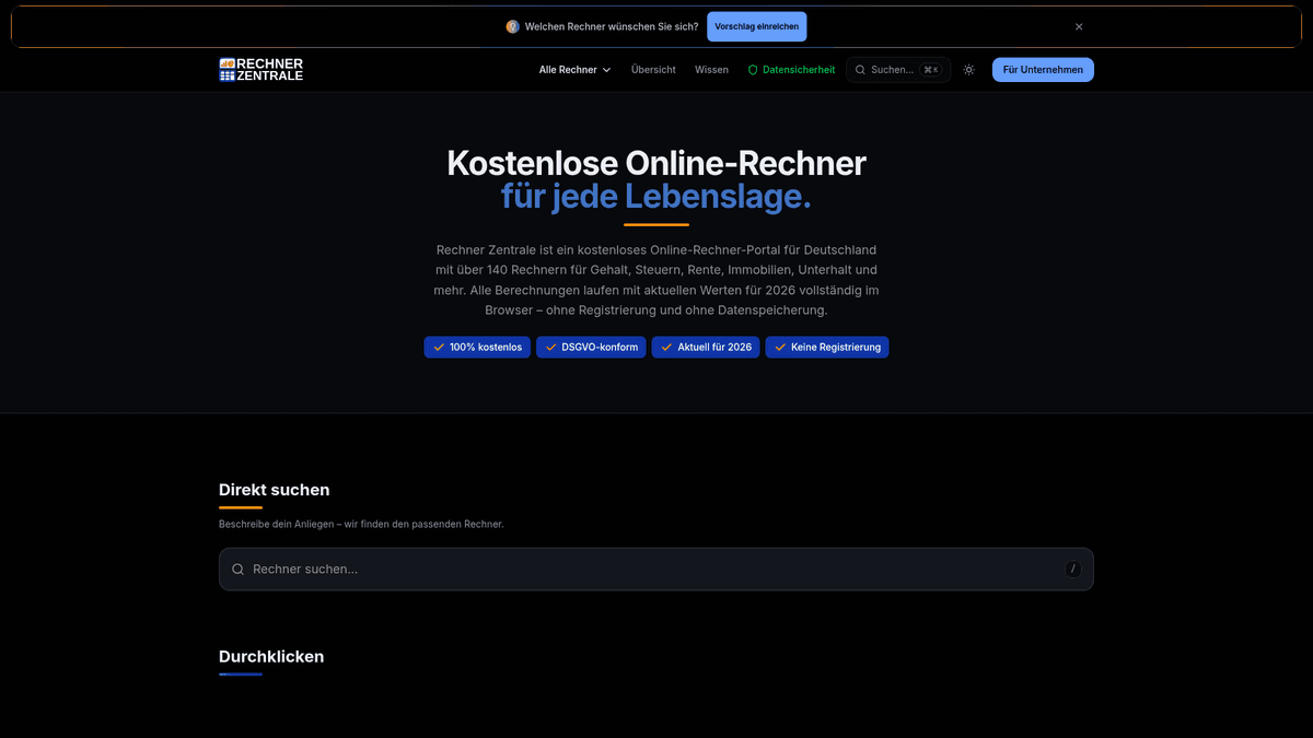 Rechner Zentrale - Startseite mit Online-Rechnern für Gehalt, Steuern und Finanzen