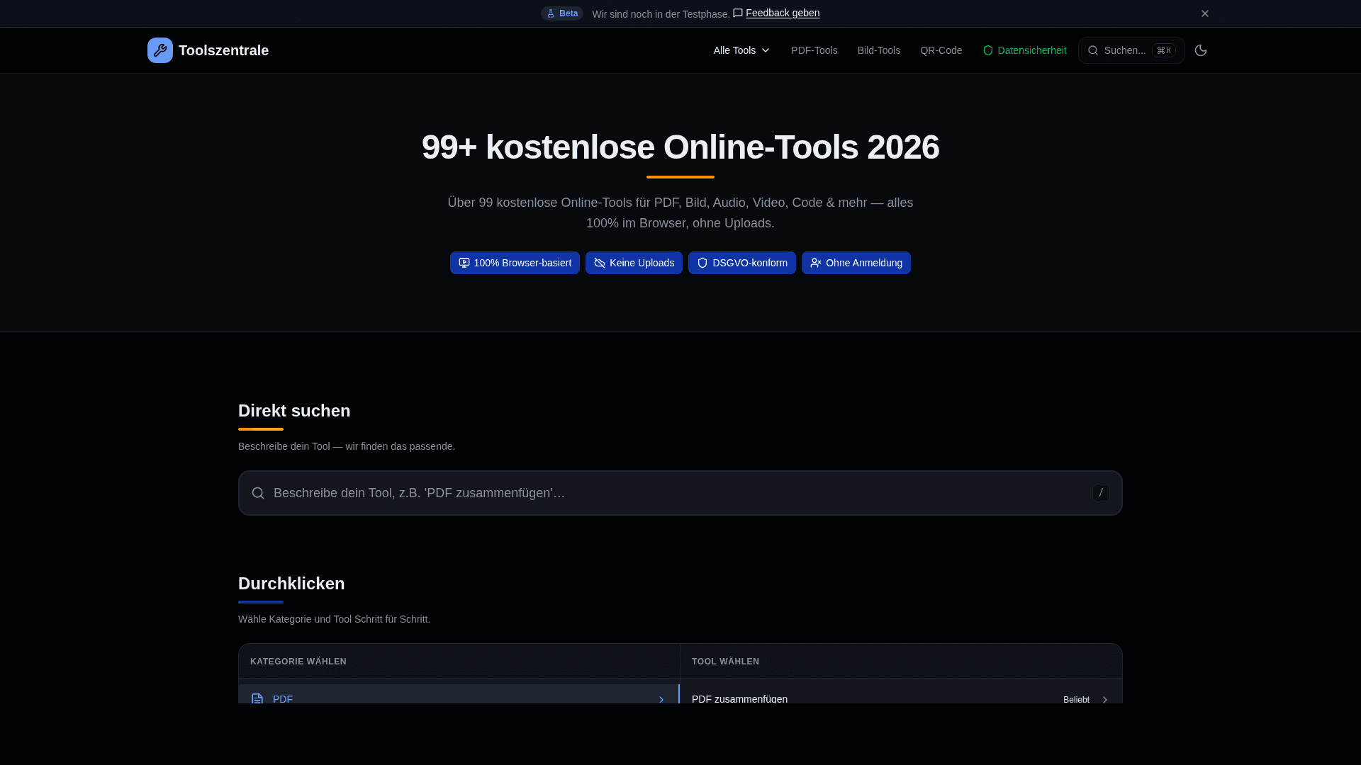 Tools-Zentrale - Startseite mit 99+ kostenlosen Online-Tools