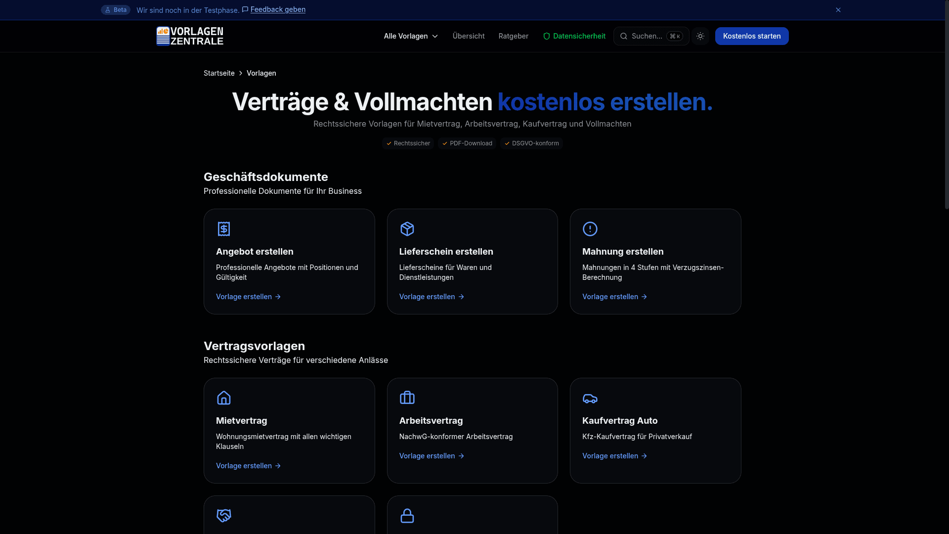 Vorlagen-Übersicht Dark
