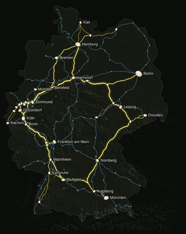 Map of Germany with the slime mould network and the ICE network